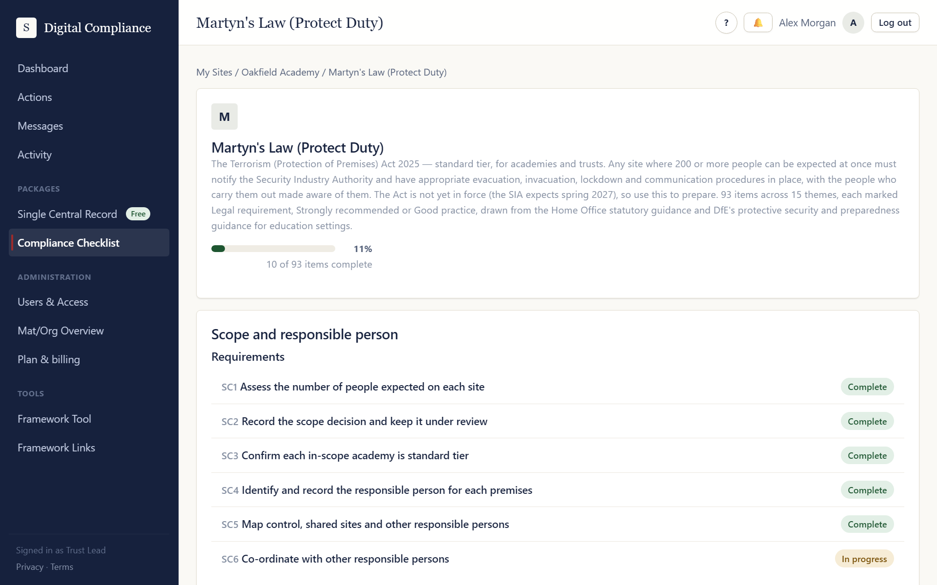 The Martyn's Law framework in Digital Compliance: a progress bar showing 10 of 93 items complete, and the Scope and responsible person theme with each requirement marked Complete or In progress.